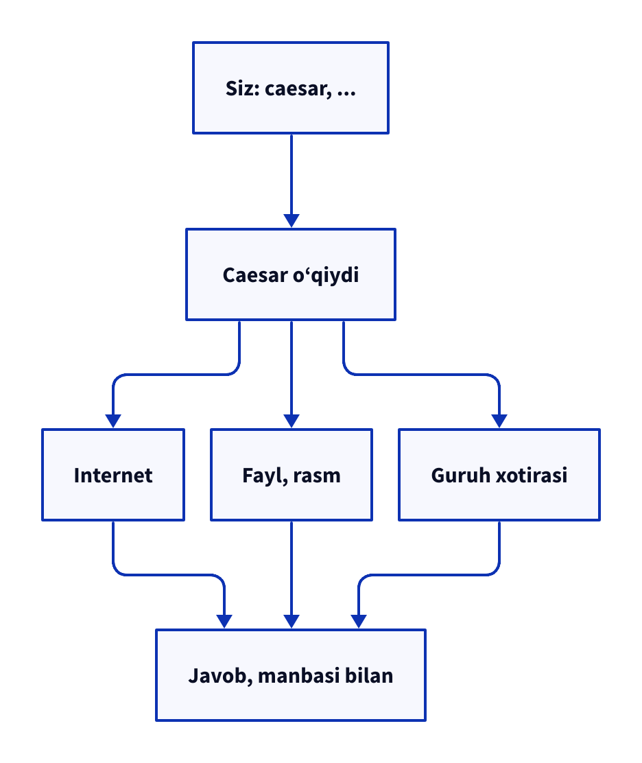 Caesarning diagrammasi: Siz, caesar deb yozasiz; Caesar o‘qiydi; internet, fayl va rasm, guruh xotirasi; javob, manbasi bilan